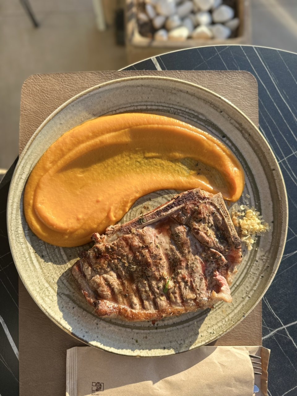 Grilled steak with sweet potato cream at Tramonto Santorini
